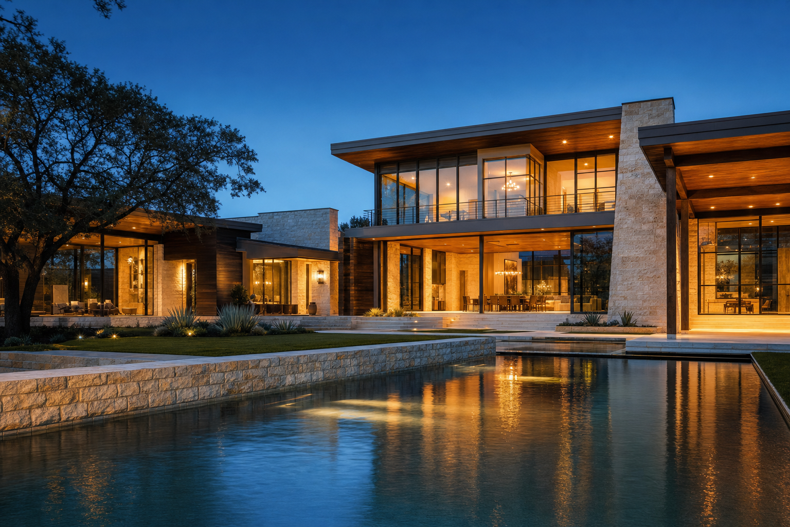 Luxury modern estate in Dallas–Fort Worth at dusk with glowing windows and a reflecting pool