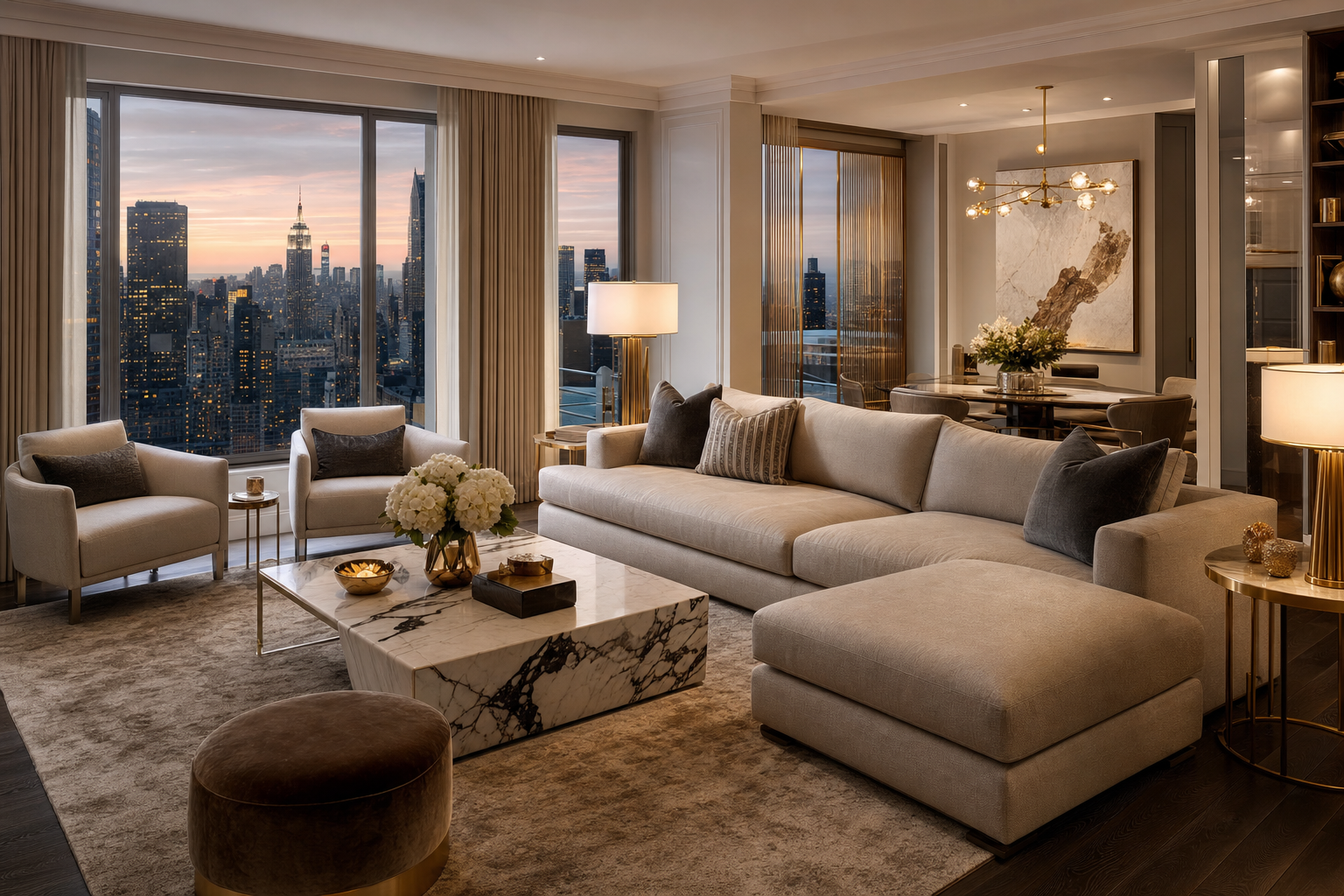 Upscale apartment living room with warm tones and city view