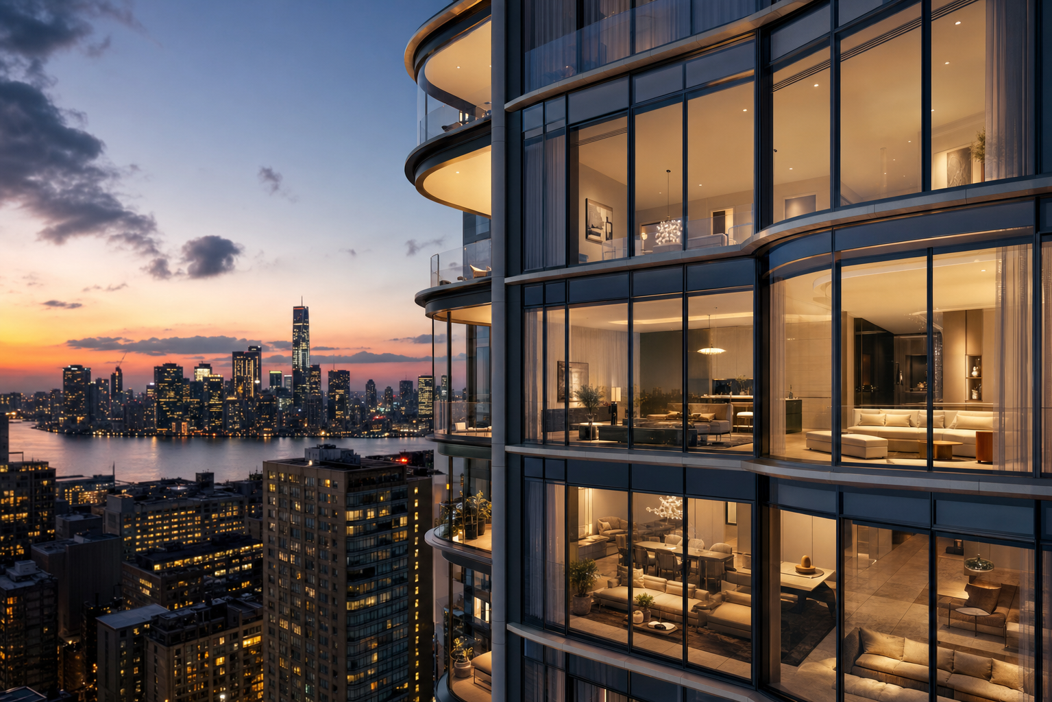 Luxury high-rise condominium tower glowing at dusk