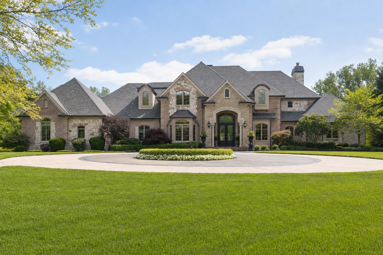 Grand suburban brick estate with circular driveway and manicured lawn