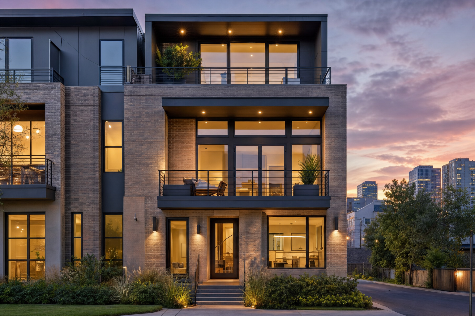 Modern three-story townhome with brick and dark metal at twilight