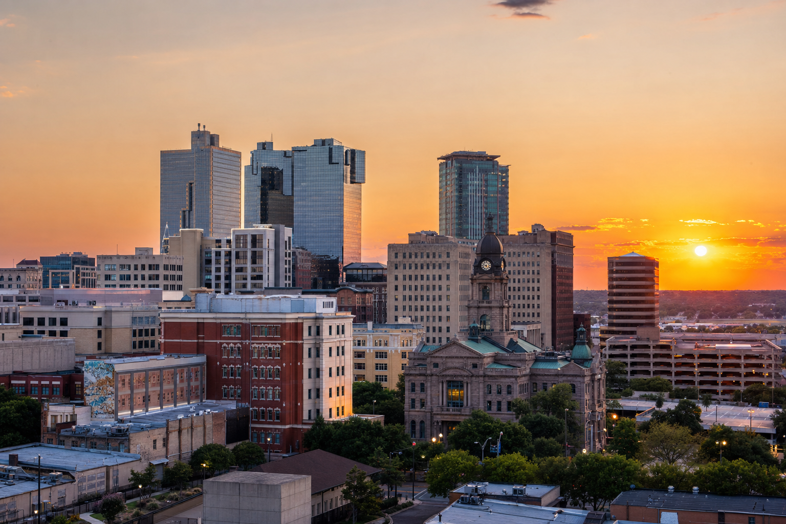 Fort Worth downtown skyline at sunset