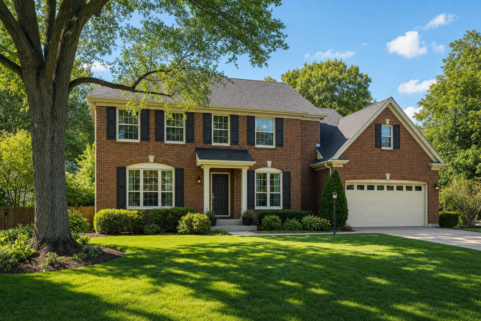 Charming two-story brick family home with a green lawn
