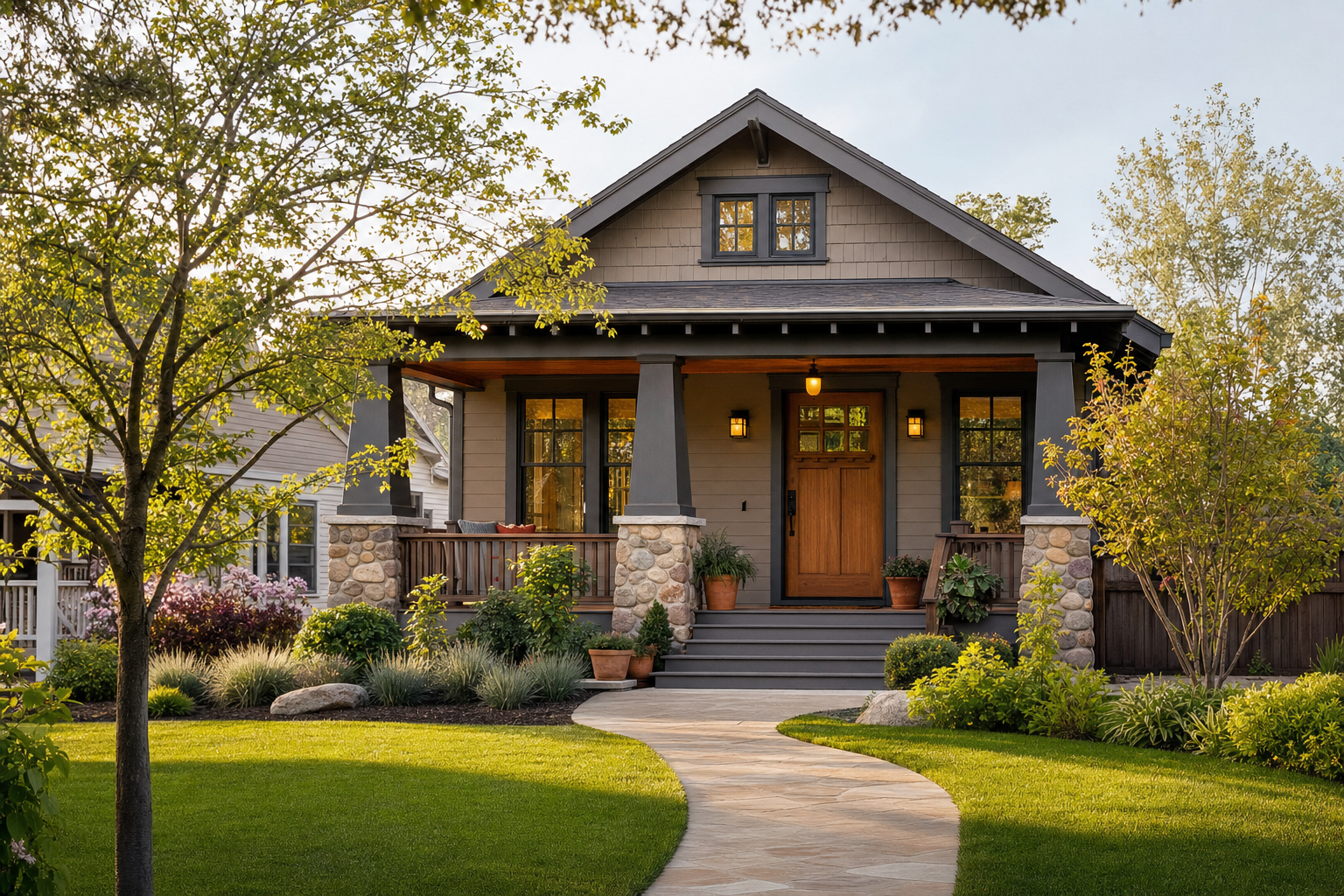 Craftsman-style bungalow with a covered front porch and landscaped yard